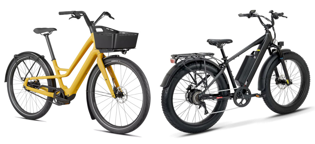 Lightweight E-Bike Specialized Como SL to the Left of Fat-Tire E-Bike Juiced Ripcurrent