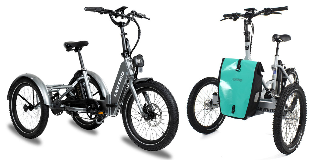 Electric Delta Style Tricycle Lectric XP Trike to the Left of Electric Tadpole Style Tricycle Etnnic Adventure 2.0