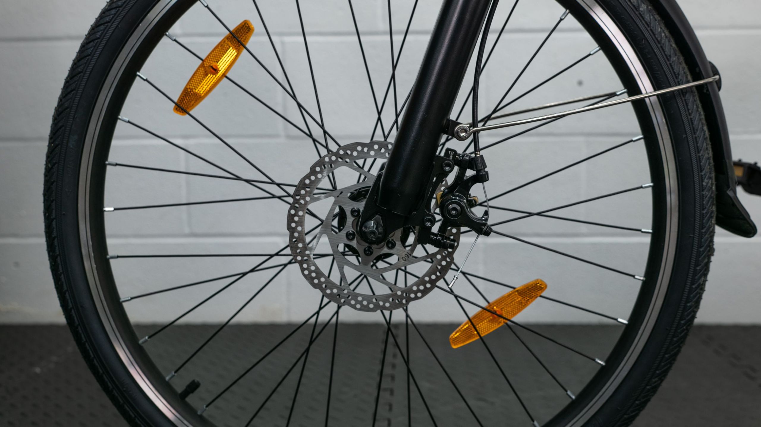 mechanical disc brake on a front wheel