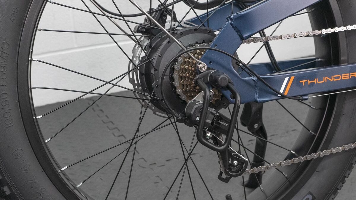 The freewheel and rear derailleur of a test bike up close