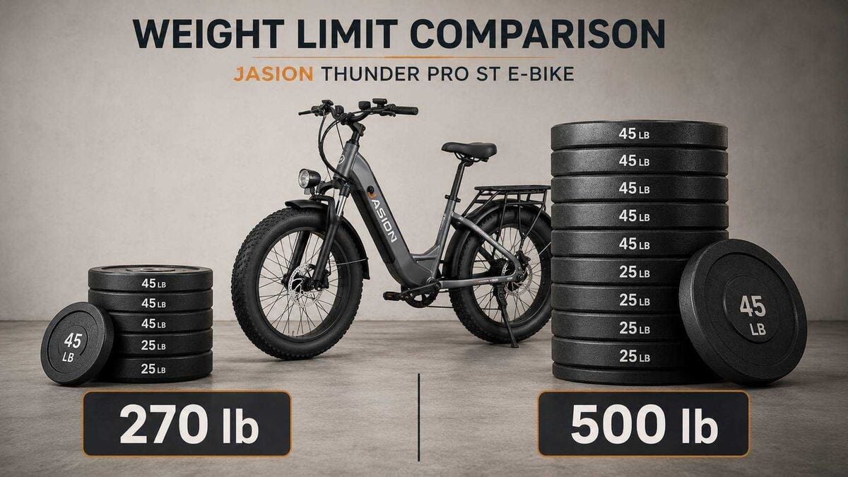Weight limit comparison graphic: 270 lb recommended riding load versus Jasion's 500 lb static claim