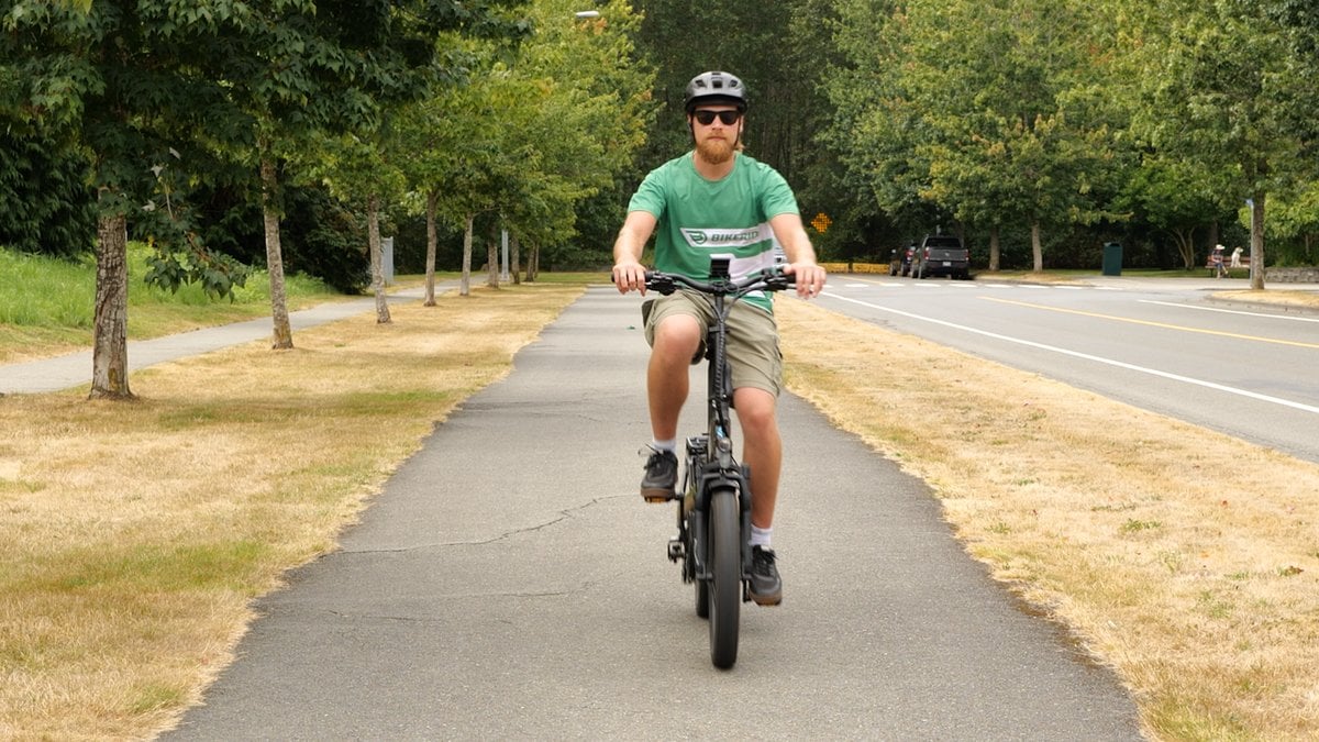 Our tester riding a test e-bike on the standard range loop